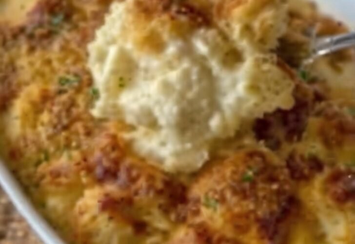 Creamy cheesy chicken casserole topped with a golden, crispy layer of crushed buttery crackers and fresh herbs, served hot in a white baking dish.