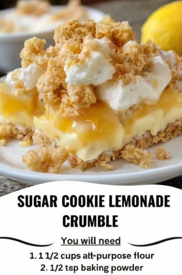 A slice of sugar cookie lemonade crumble topped with creamy lemon filling, whipped cream, and golden buttery cookie crumbs, with a bright lemon in the background.