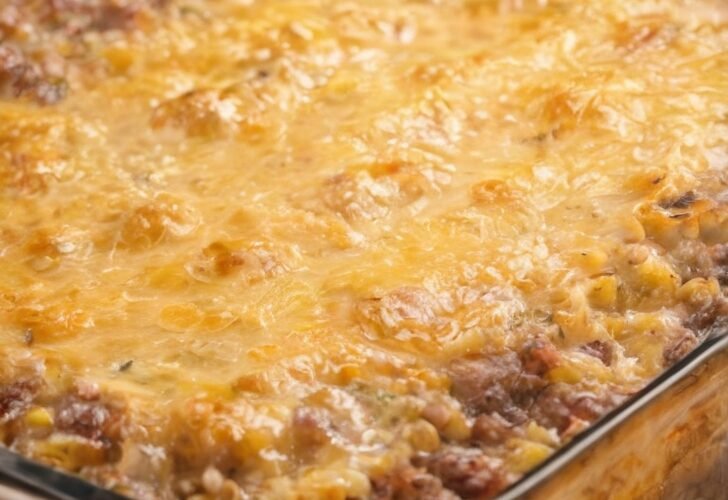 A bubbling ground beef and corn casserole baked in a glass dish, topped with a golden layer of melted cheddar cheese and lightly browned around the edges.