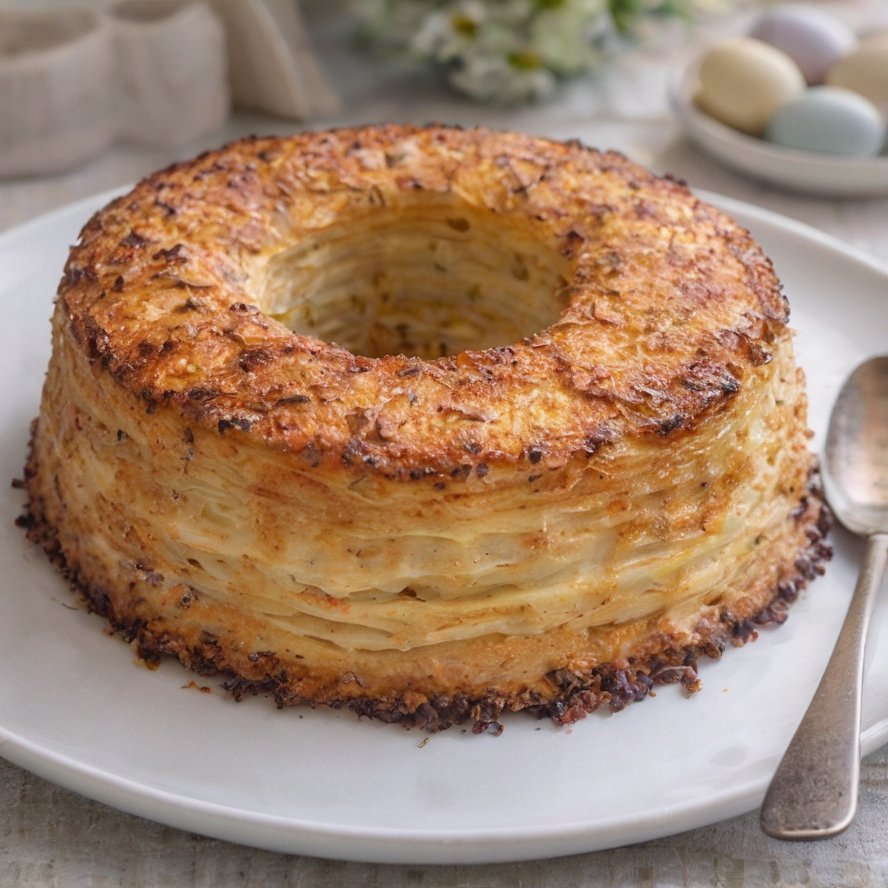 A beautifully golden layered potato ring with crisp, browned edges and delicate layers of tender potatoes throughout, baked into an elegant wreath shape.