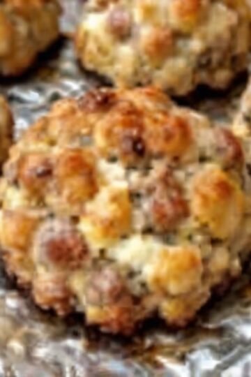 Golden-brown baked meatballs with a crisp, savory exterior and tender, juicy centers, arranged on a foil-lined baking sheet.