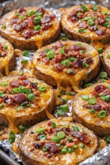Golden-baked potato rounds topped with gooey melted cheddar, crispy bacon crumbles, and fresh green onions—a deliciously loaded comfort-food appetizer.