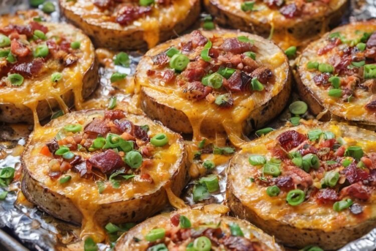 Golden-baked potato rounds topped with gooey melted cheddar, crispy bacon crumbles, and fresh green onions—a deliciously loaded comfort-food appetizer.