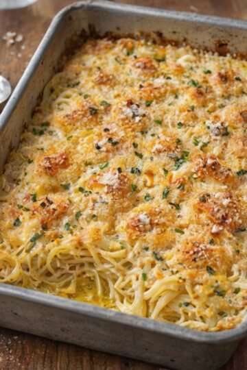 A creamy baked spaghetti casserole in a rectangular baking dish, topped with a golden-brown crispy Parmesan breadcrumb crust and sprinkled with fresh parsley.