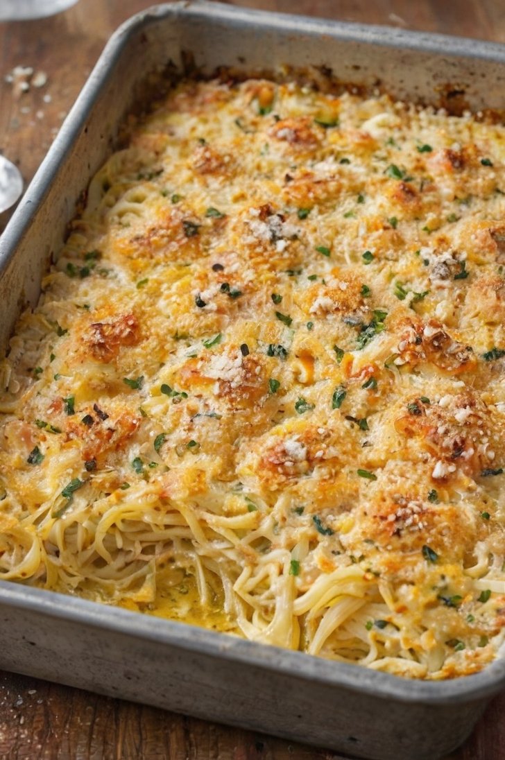 A creamy baked spaghetti casserole in a rectangular baking dish, topped with a golden-brown crispy Parmesan breadcrumb crust and sprinkled with fresh parsley.