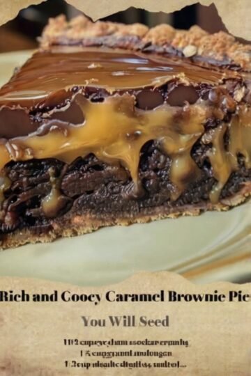 A rich caramel brownie pie slice with a buttery crust, fudgy chocolate brownie filling, gooey caramel layers, and a glossy chocolate topping.