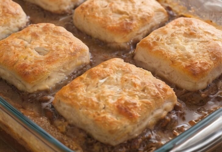 Golden-brown flaky biscuits baked over a rich, savory ground beef filling in a glass casserole dish, creating a hearty and comforting one-pan meal.
