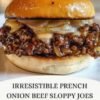 A glossy French onion beef sloppy joe on a toasted brioche bun, packed with seasoned ground beef, caramelized onions, and melted cheese.