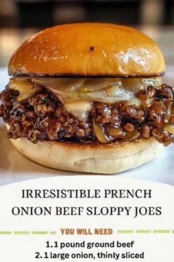 A glossy French onion beef sloppy joe on a toasted brioche bun, packed with seasoned ground beef, caramelized onions, and melted cheese.