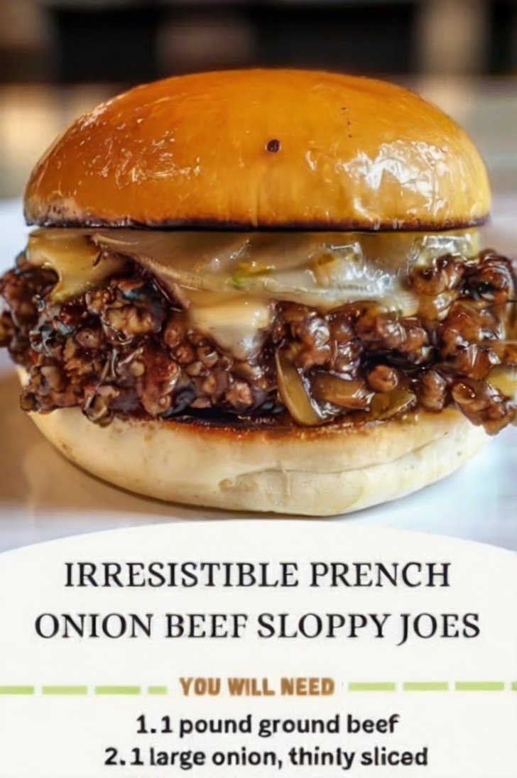 A glossy French onion beef sloppy joe on a toasted brioche bun, packed with seasoned ground beef, caramelized onions, and melted cheese.
