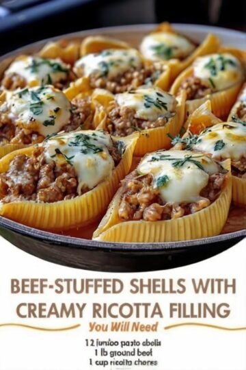 Tender jumbo shells filled with a rich beef-ricotta filling, baked under marinara and bubbling mozzarella — the everything-a-hug dinner.