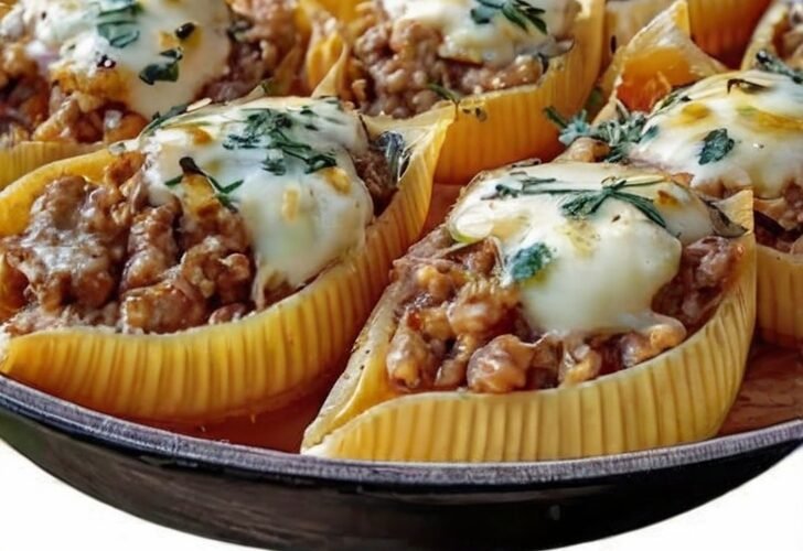 Tender jumbo shells filled with a rich beef-ricotta filling, baked under marinara and bubbling mozzarella — the everything-a-hug dinner.