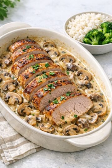 Sliced tender pork tenderloin served over a creamy mushroom and onion sauce, garnished with fresh parsley and paired with fluffy white rice and steamed broccoli.