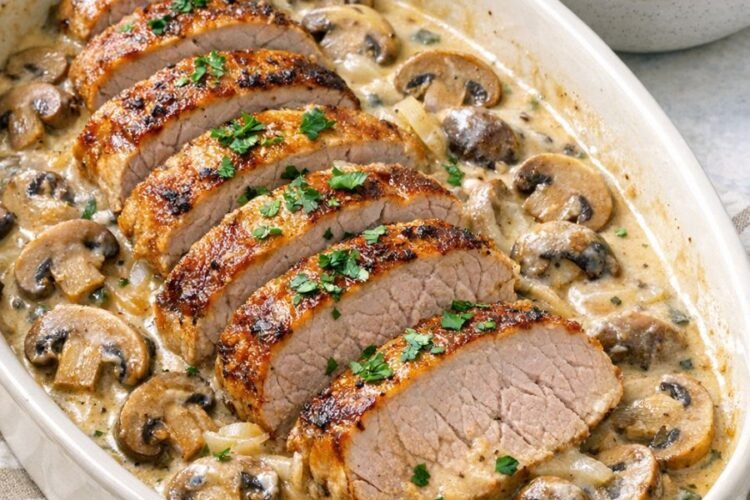 Sliced tender pork tenderloin served over a creamy mushroom and onion sauce, garnished with fresh parsley and paired with fluffy white rice and steamed broccoli.