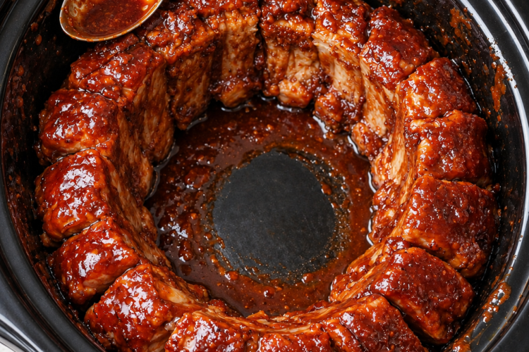 Alt text: Tender slow-cooked pork ribs coated in a thick, glossy barbecue sauce, arranged in a circle inside a black slow cooker, with a spoonful of rich sauce ready to drizzle over the juicy, flavorful meat.