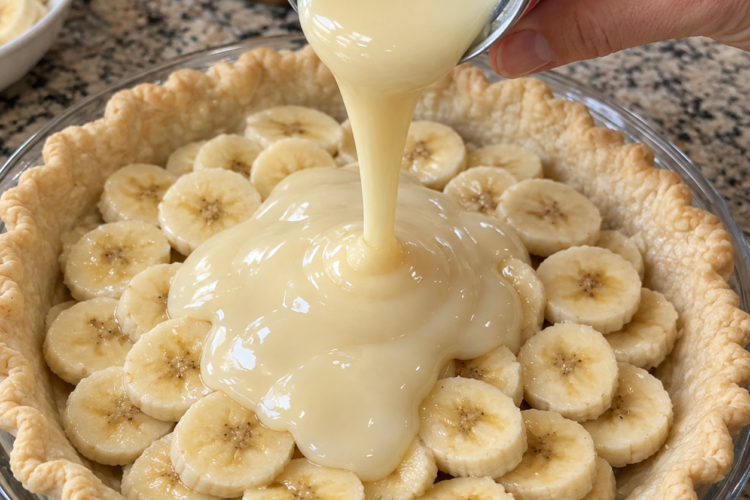 A homemade banana cream pie in a flaky pastry crust, layered generously with fresh banana slices and a thick, silky sweetened condensed milk filling being poured over the top. cooks.com