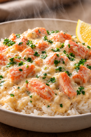 Alt text: Creamy salmon chunks in a rich, velvety white sauce served over fluffy white rice, garnished with fresh parsley and accompanied by a lemon wedge for a bright, fresh finish.