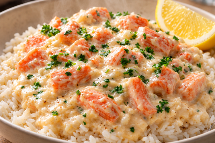 Alt text: Creamy salmon chunks in a rich, velvety white sauce served over fluffy white rice, garnished with fresh parsley and accompanied by a lemon wedge for a bright, fresh finish.