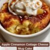 A warm apple cinnamon cottage cheese mug cake with a soft, moist crumb, tender apple pieces, cinnamon, and a rich caramel drizzle, topped with fluffy whipped cream and a dusting of cinnamon. poulef.com
