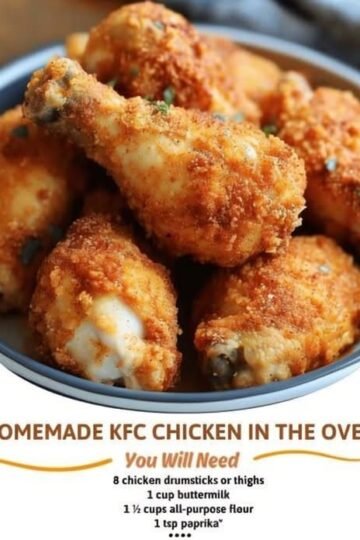 Golden, crispy oven-baked chicken drumsticks and thighs coated in a seasoned, crunchy crust, with juicy, tender meat inside—an irresistible homemade KFC-style comfort meal.