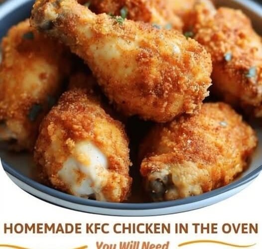 Golden, crispy oven-baked chicken drumsticks and thighs coated in a seasoned, crunchy crust, with juicy, tender meat inside—an irresistible homemade KFC-style comfort meal.