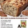 A freshly baked Sweet Alabama Pecan Bread with a golden-brown, slightly crisp crust, a soft, moist, buttery crumb packed with chopped pecans, and crunchy pecan halves scattered across the top.