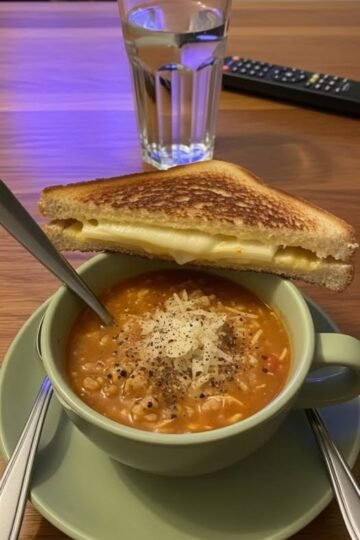 A cozy bowl of hearty tomato-lentil soup topped with creamy cheese and black pepper, served alongside a perfectly toasted grilled cheese sandwich with a golden crust and gooey melted cheese.
