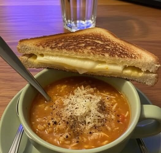 A cozy bowl of hearty tomato-lentil soup topped with creamy cheese and black pepper, served alongside a perfectly toasted grilled cheese sandwich with a golden crust and gooey melted cheese.