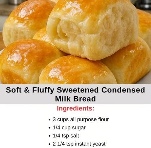 Soft and fluffy sweetened condensed milk bread rolls with a beautifully golden, glossy crust and a light, tender crumb—perfect for breakfast, snacks, or enjoying warm with butter. handmadev.com