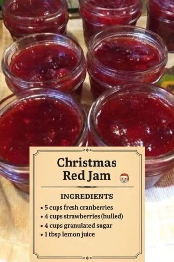 Several small jars of glossy, deep-red Christmas jam made with fresh cranberries, strawberries, sugar, and lemon juice, with visible pieces of fruit for a rustic homemade texture. littlehealthylife.com