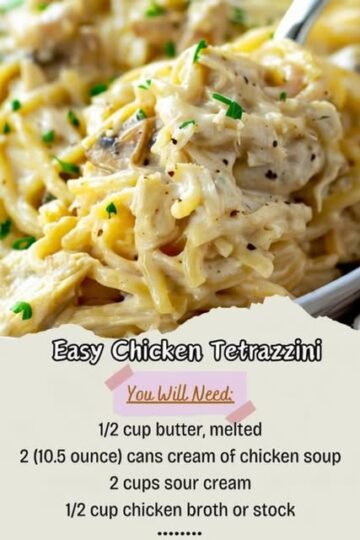 A creamy Chicken Tetrazzini with tender chicken, pasta, mushrooms, and a rich, cheesy cream sauce, finished with fresh parsley and black pepper. (Kitchen Fun With My 3 Sons