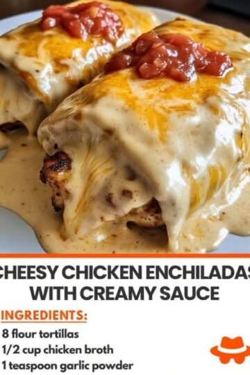 Creamy cheesy chicken enchiladas wrapped in soft flour tortillas, smothered in a rich white sauce, topped with melted golden cheese, and finished with a spoonful of chunky red salsa. The Cooking Twins