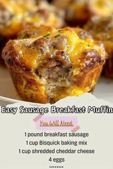 Golden-brown sausage breakfast muffins packed with savory breakfast sausage, fluffy egg, and melted cheddar cheese, with a tender biscuit-like center and crisp, cheesy tops. lanascooking.com