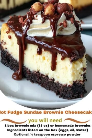 A decadent slice of Hot Fudge Sundae Brownie Cheesecake featuring a rich, fudgy brownie base, a thick layer of creamy vanilla cheesecake, glossy chocolate fudge dripping down the sides, and fluffy whipped cream topped with chocolate candies.