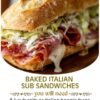 A hearty baked Italian sub sandwich stuffed with layers of salami, pepperoni, and melted cheese, topped with shredded lettuce and creamy dressing, all nestled inside a crusty golden Italian roll.
