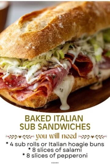 A hearty baked Italian sub sandwich stuffed with layers of salami, pepperoni, and melted cheese, topped with shredded lettuce and creamy dressing, all nestled inside a crusty golden Italian roll.