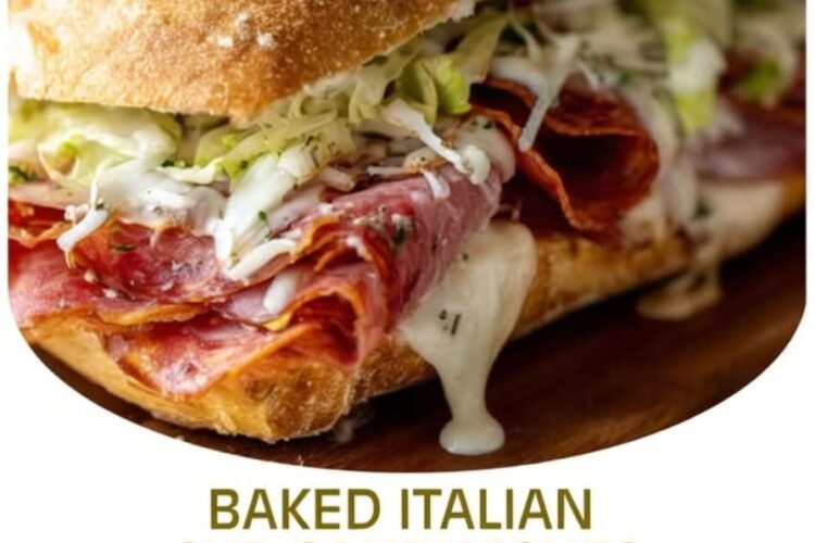 A hearty baked Italian sub sandwich stuffed with layers of salami, pepperoni, and melted cheese, topped with shredded lettuce and creamy dressing, all nestled inside a crusty golden Italian roll.