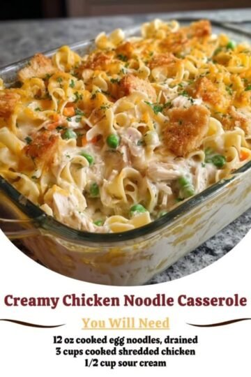 Creamy Chicken Noodle Casserole loaded with tender shredded chicken, soft egg noodles, sweet peas and carrots, and a rich, cheesy sauce, finished with a golden, crunchy topping. 🍗🧀 This comforting family favorite is perfect for busy weeknights and cozy Sunday dinners!