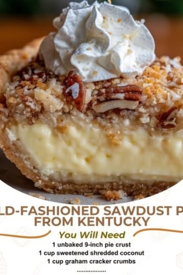 Creamy, gooey Old-Fashioned Kentucky Sawdust Pie, topped with crunchy pecans, sweet coconut, buttery crumbs, and a generous swirl of whipped cream. This nostalgic Southern dessert has a golden crust and a rich, soft center that makes every bite irresistible! 🥧❤️