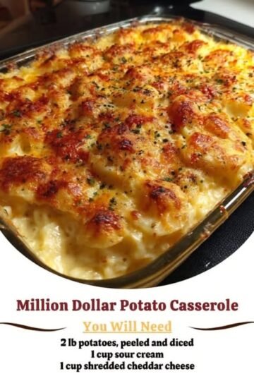 Alt text: Million Dollar Potato Casserole baked until golden and bubbly, topped with melted cheddar cheese and herbs, with a creamy potato filling and a deliciously browned, cheesy crust.