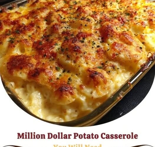Alt text: Million Dollar Potato Casserole baked until golden and bubbly, topped with melted cheddar cheese and herbs, with a creamy potato filling and a deliciously browned, cheesy crust.