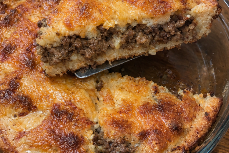 Golden, crispy Ground Beef and Cornbread Pie with a savory, seasoned beef filling nestled between layers of tender cornbread. 🥧 The beautifully browned top and hearty meat center make this old-fashioned comfort food perfect for a satisfying family dinner!