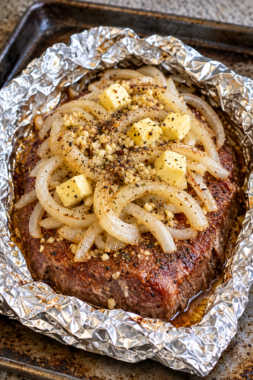 Easy Baked Ground Beef & Onions Recipe (Foil Pack Hamburger Steak)