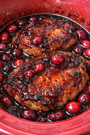 Slow Cooker 4-Ingredient Cranberry Balsamic Pork Chops Recipe (Fork Tender & Sweet-Tart)