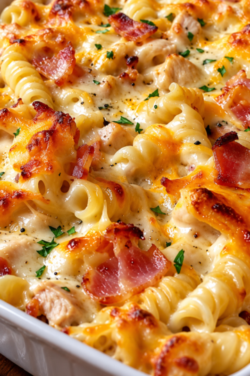 Golden Cheesy Bacon Chicken Pasta Bake