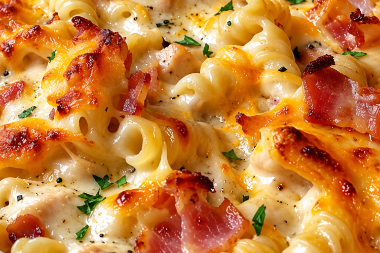 Golden Cheesy Bacon Chicken Pasta Bake