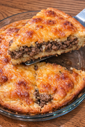 A pound of browned beef and onion under a biscuit-mix batter that sets into its own crust, finished with cheddar browned on top. One skillet, one pie plate, one oven, forty minutes.