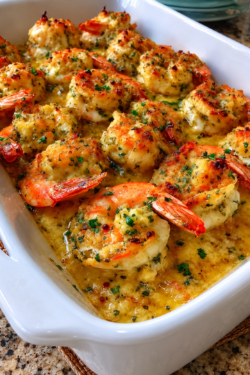 Easy Baked Stuffed Shrimp Casserole Recipe (Creamy, Golden & Crispy)