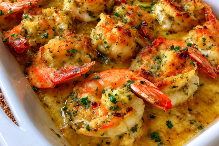 Easy Baked Stuffed Shrimp Casserole Recipe (Creamy, Golden & Crispy)