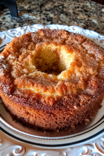 Yellow cake mix and dry vanilla pudding baked with a cinnamon sugar layer through the middle, then topped with more cinnamon sugar while hot so it melts into a crunchy shell as it cools. One bowl, one pan.